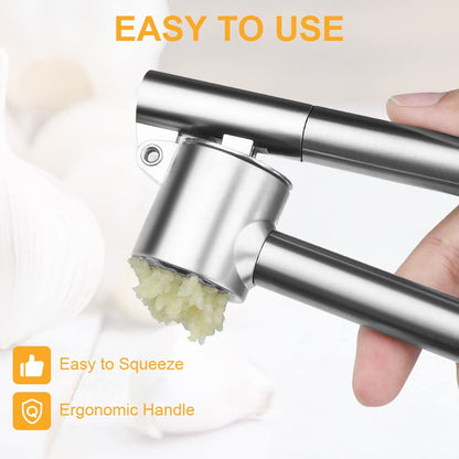 Luniquz Garlic Press Mincer & Crusher 304 Stainless Steel Garlic Press for Kitchen with Handle & Peeler , Garlic Presser Easy to Clean Easy Squeeze Rust Proof