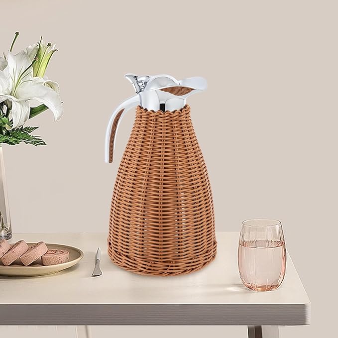1.5L Thermal Carafe, 0.4Gal Stainless Steel Dual Wall Vacuum Thermal Thermos, 12h Warm & 24h Cold Retention, Hand Woven Rattan Body Coffee Thermos Carafe for Home, Coffee Shop