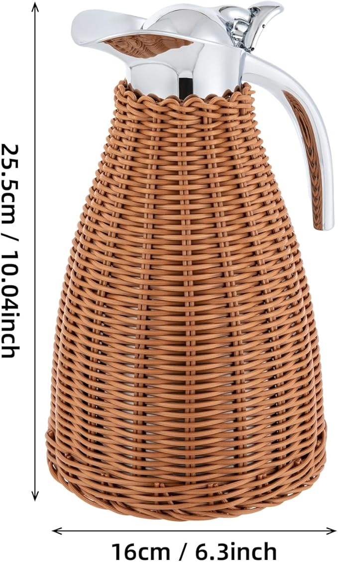1.5L Thermal Carafe, 0.4Gal Stainless Steel Dual Wall Vacuum Thermal Thermos, 12h Warm & 24h Cold Retention, Hand Woven Rattan Body Coffee Thermos Carafe for Home, Coffee Shop