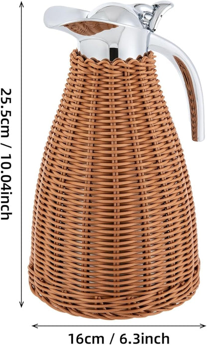 1.5L Thermal Carafe, 0.4Gal Stainless Steel Dual Wall Vacuum Thermal Thermos, 12h Warm & 24h Cold Retention, Hand Woven Rattan Body Coffee Thermos Carafe for Home, Coffee Shop