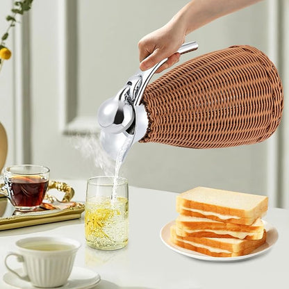1.5L Thermal Carafe, 0.4Gal Stainless Steel Dual Wall Vacuum Thermal Thermos, 12h Warm & 24h Cold Retention, Hand Woven Rattan Body Coffee Thermos Carafe for Home, Coffee Shop