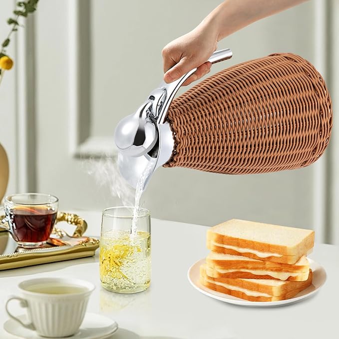 1.5L Thermal Carafe, 0.4Gal Stainless Steel Dual Wall Vacuum Thermal Thermos, 12h Warm & 24h Cold Retention, Hand Woven Rattan Body Coffee Thermos Carafe for Home, Coffee Shop