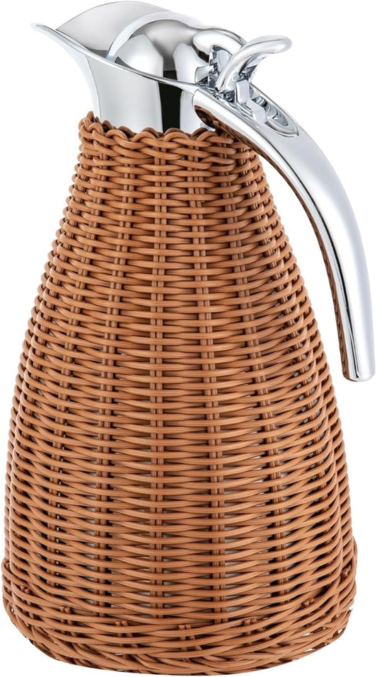 1.5L Thermal Carafe, 0.4Gal Stainless Steel Dual Wall Vacuum Thermal Thermos, 12h Warm & 24h Cold Retention, Hand Woven Rattan Body Coffee Thermos Carafe for Home, Coffee Shop