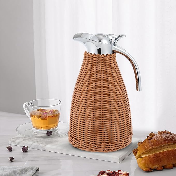 1.5L Thermal Carafe, 0.4Gal Stainless Steel Dual Wall Vacuum Thermal Thermos, 12h Warm & 24h Cold Retention, Hand Woven Rattan Body Coffee Thermos Carafe for Home, Coffee Shop