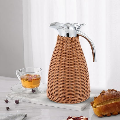 1.5L Thermal Carafe, 0.4Gal Stainless Steel Dual Wall Vacuum Thermal Thermos, 12h Warm & 24h Cold Retention, Hand Woven Rattan Body Coffee Thermos Carafe for Home, Coffee Shop