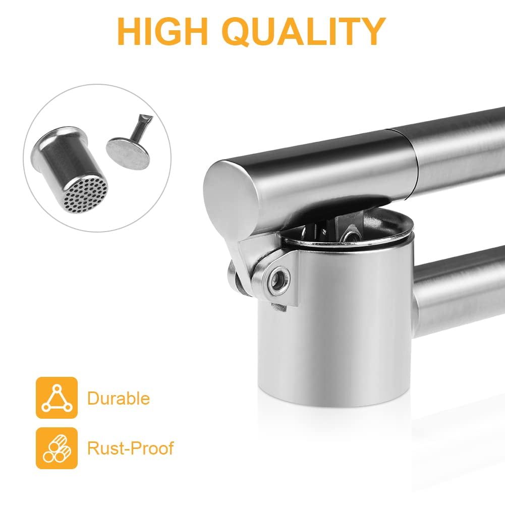 Luniquz Garlic Press Mincer & Crusher 304 Stainless Steel Garlic Press for Kitchen with Handle & Peeler , Garlic Presser Easy to Clean Easy Squeeze Rust Proof